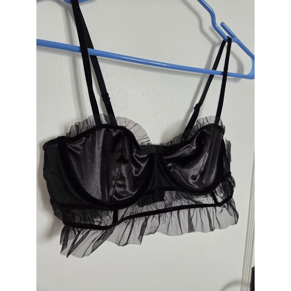 Auden Black Velvet Mesh Pleated Bralette Bra S‎ Lingerie Coquette Whimsigoth NEW